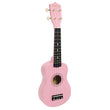 A pink Karrera 21-inch ukulele with a high gloss finish, nylon strings, and worm-drive geared tuners.