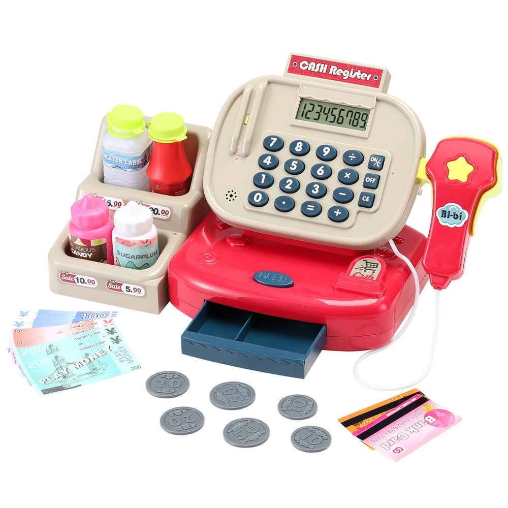 The Keezi Kids Cash Register Play Money Set with pretend play accessories, including fake bills and a barcode scanner, in a colorful red and beige design.