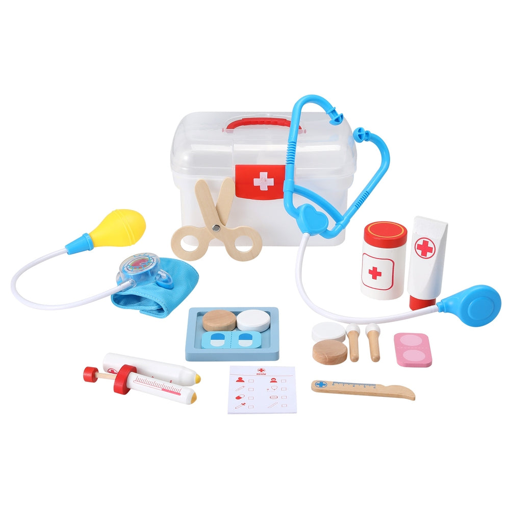 A Keezi Kids Doctor Simulation Medical Pretend Play Kit including a stethoscope, syringe, thermometer, and other medical instruments, presented with a medical case and pretend patients.