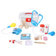 A Keezi Kids Doctor Simulation Medical Pretend Play Kit including a stethoscope, syringe, thermometer, and other medical instruments, presented with a medical case and pretend patients.