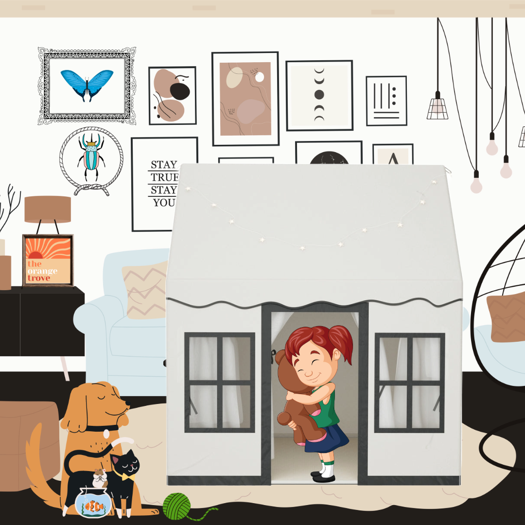 A child cuddles her teddy bear in the Keezi Kids Dollhouse Playhouse with String Lights, that is set up in the family room.