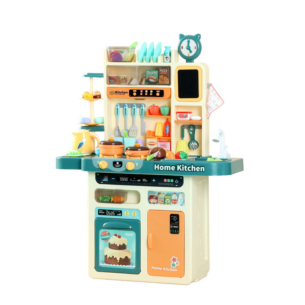 A colourful Keezi Kids Home Kitchen Play Set featuring various play food items, kitchenware, and a faux stove top with a clock and mini blackboard above it.
