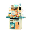 A colourful Keezi Kids Home Kitchen Play Set featuring various play food items, kitchenware, and a faux stove top with a clock and mini blackboard above it.