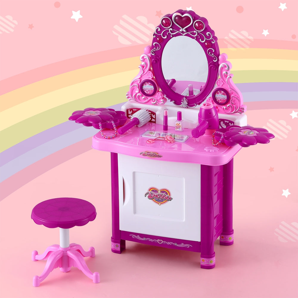 The Keezi Kids Pink Dresser Pretend Makeup and Hair Salon featuring a mirror, stool, and 30 accessories with light and sound elements.