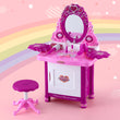 The Keezi Kids Pink Dresser Pretend Makeup and Hair Salon featuring a mirror, stool, and 30 accessories with light and sound elements.