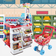 Keezi Kids Pretend Supermarket Playset with Cash Register and Trolley - 24 Pieces including a red trolley and a miniature cash register with accessories such as grocery items, designed for role-playing games.
