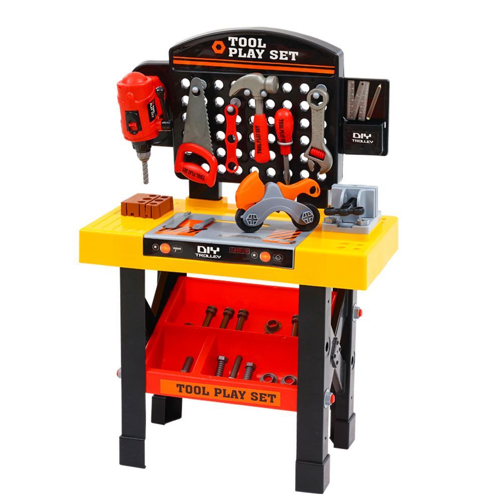 The Keezi Kids Pretend Work Bench DIY Tools - 54 Pieces with various pretend tools such as a drill, saw, and hammer, displayed on a yellow and black workbench.