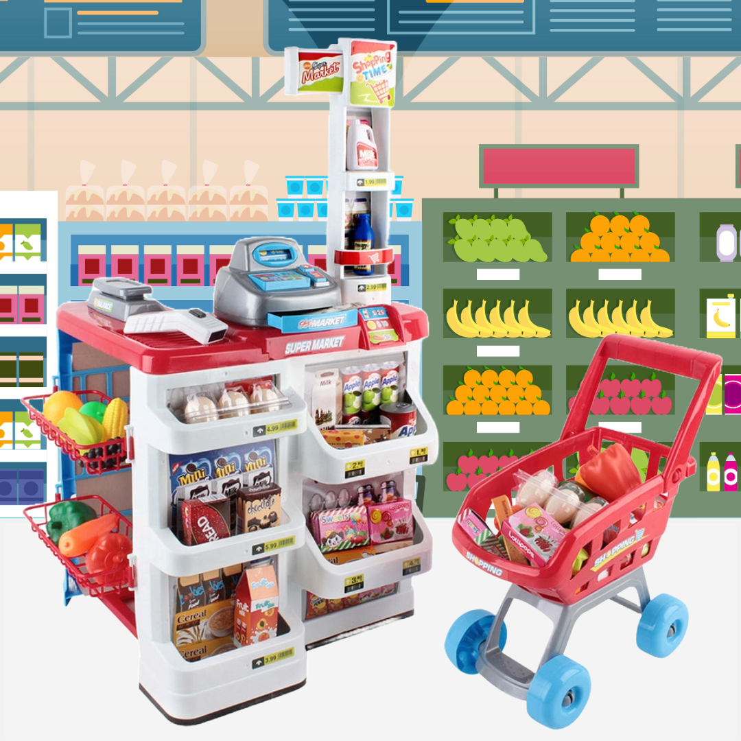 Keezi Kids Pretend Supermarket Playset with Cash Register and Trolley - 24 Pieces