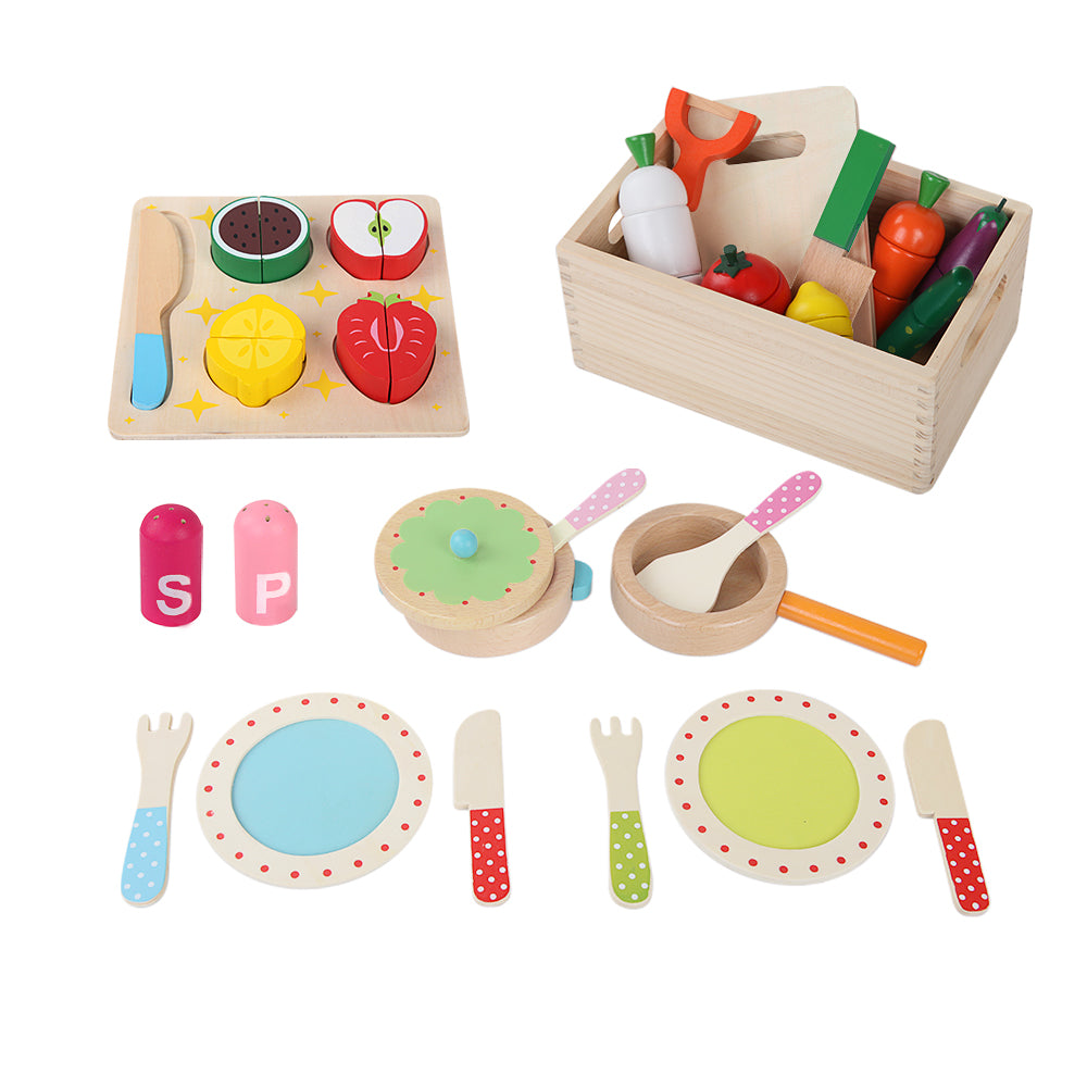 The Keezi Kids Wooden Culinary Kitchenware Playset featuring colourful kitchenware and utensils, along with a variety of fruits and vegetables, all made from solid wood and painted with non-toxic paint.