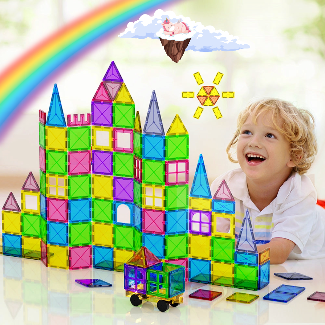 Keezi Magnetic Tiles Play Set - 120 Piece Kids Construction Building Set with Storage Box