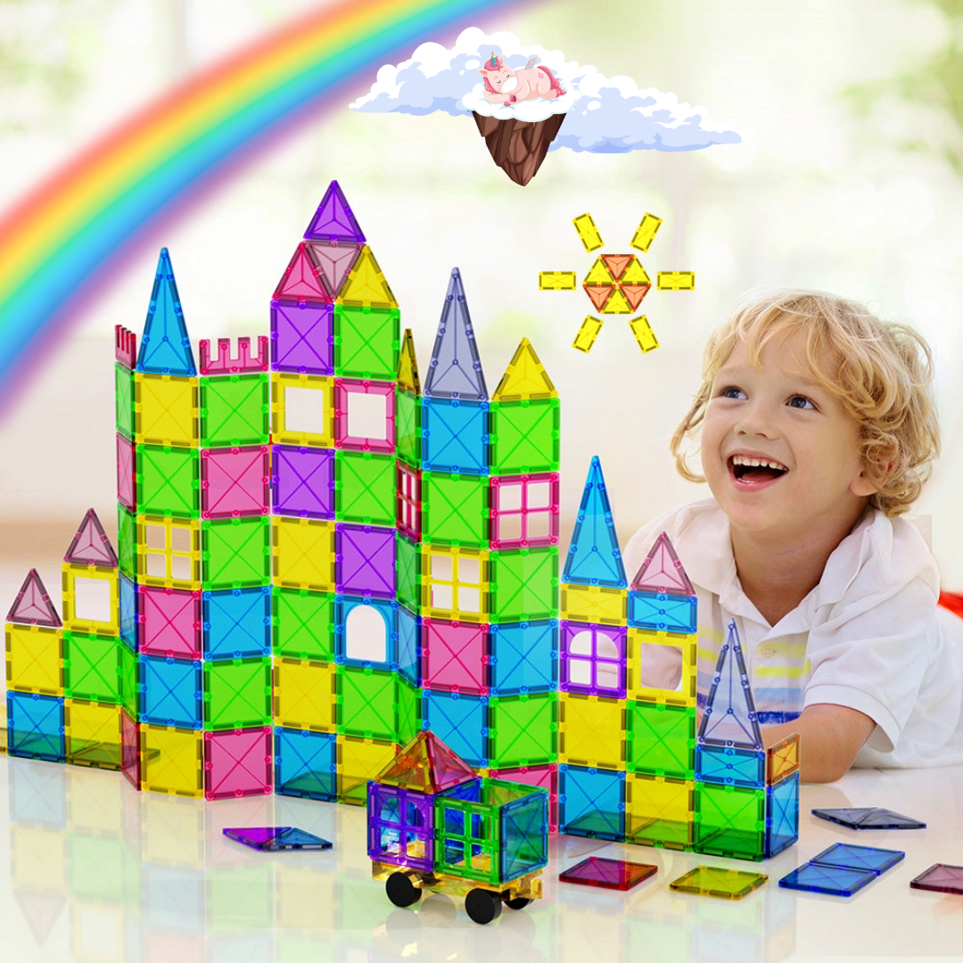 A child smiling while playing with the Keezi Magnetic Tiles Play Set - 100 Piece Kids Construction Building Set with Storage Box while assembling a castle-like structure and a car. Set includes a storage box.