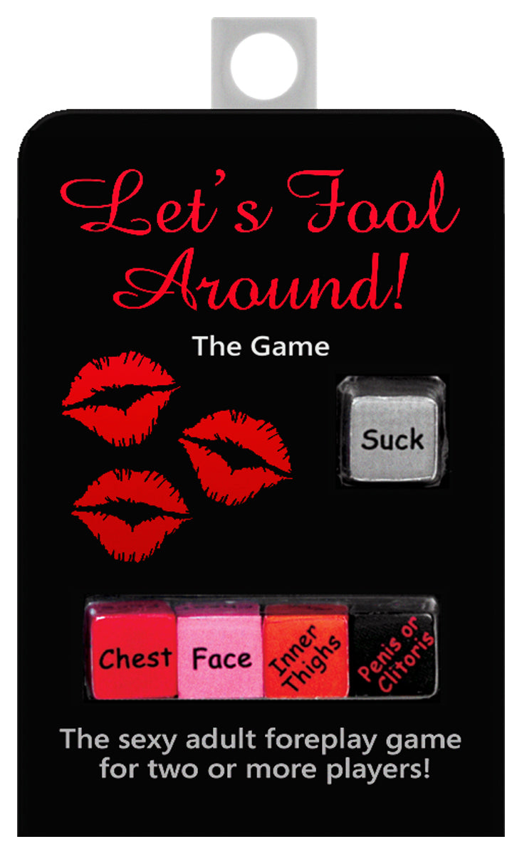 Playful adult game packaging with red lips and text on a black background