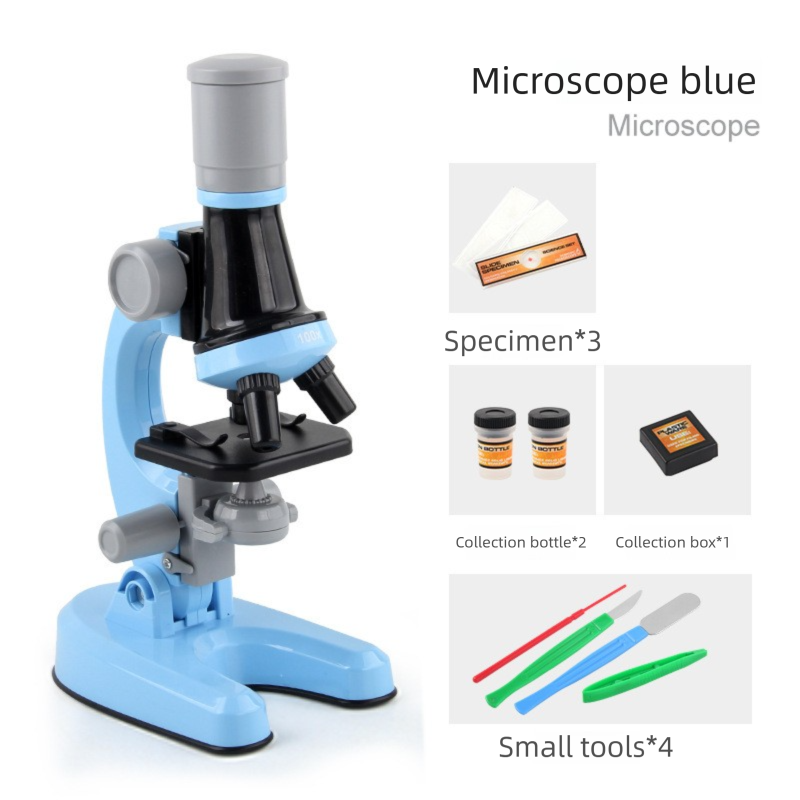 Blue Kids Biological Microscope set with specimens and tools on a white background