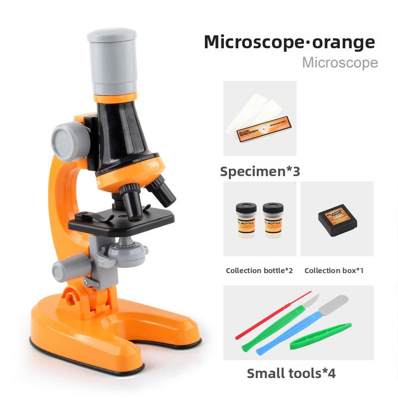 Orange Kids Biological Microscope set with specimens and tools on a white background