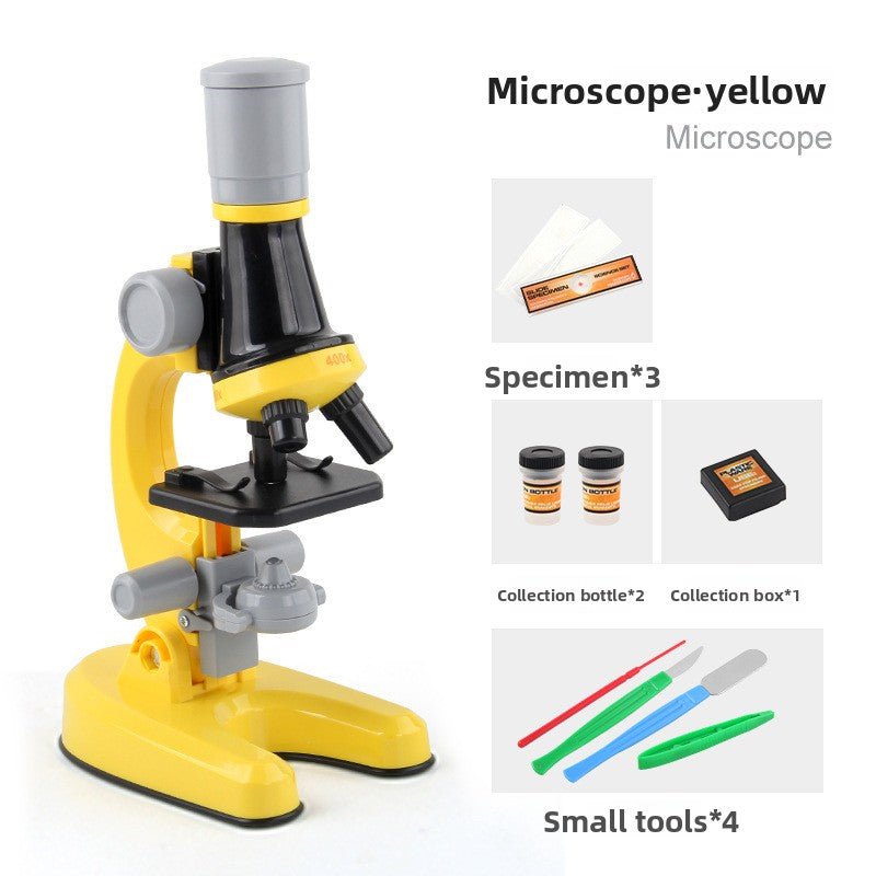 Yellow Kids Biological Microscope set with specimens and tools on a white background