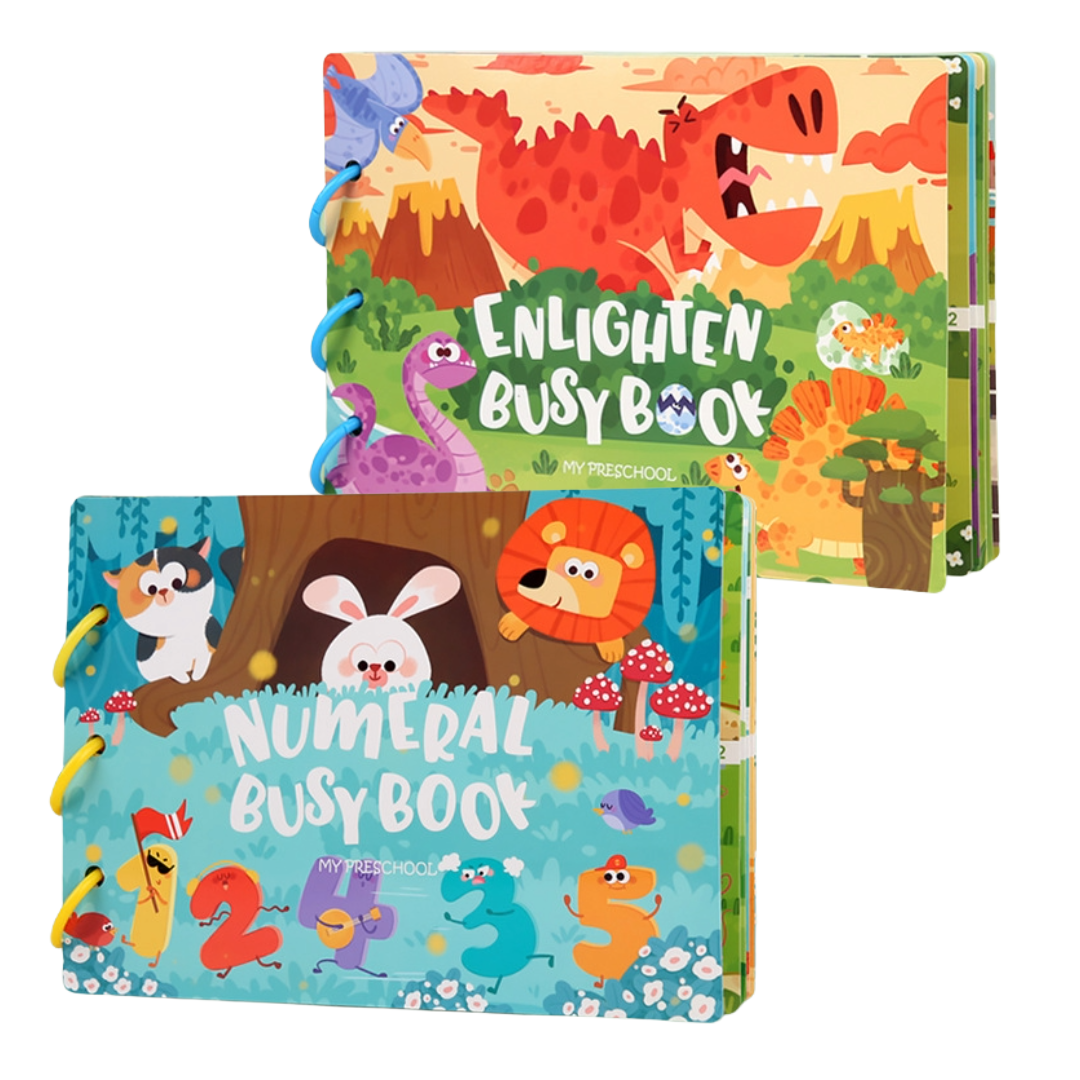 The Kids Busy Book Set 2 Pack – Interactive Preschool Learning Activities Numeral & Enlighten featuring two colourful children's busy books with animal illustrations on a white background.