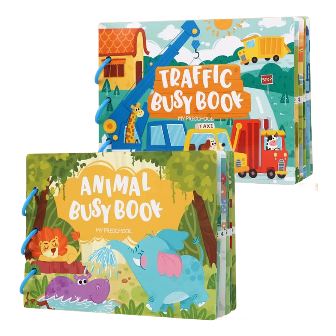 The Kids Busy Book Set 2 Pack – Interactive Preschool Learning Activities Transport & Animals featuring two children's busy books titled 'Traffic Busy Book' and 'Animal Busy Book' on a white background.