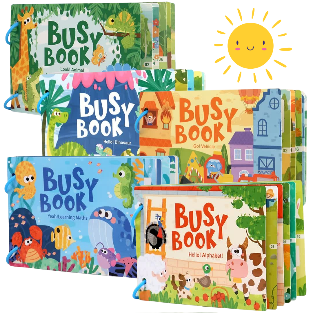 The Kids Busy Book Set 5 Pack – Interactive Preschool Learning Activities Farm, Ocean, Vehicles, Dinosaurs, & Forest, featuring the full set of colourful children's busy books.