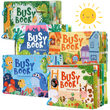 The Kids Busy Book Set 5 Pack – Interactive Preschool Learning Activities Farm, Ocean, Vehicles, Dinosaurs, & Forest, featuring the full set of colourful children's busy books.