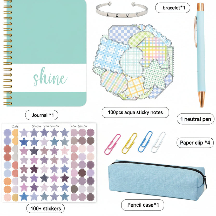 The Kids Creative Journal Gift Set (Aqua) - Notebook, Pen, Stickers, and Accessories, featuring a collection of stationery items including a aqua journal, stickers, a pen, and other accessories on a white background.