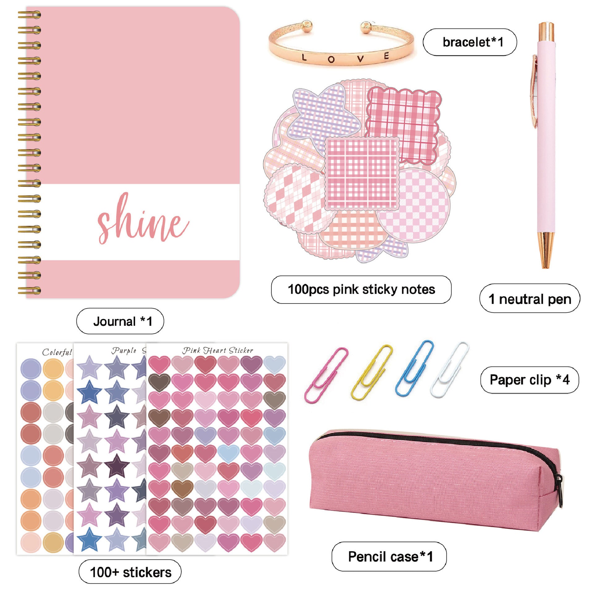 The Kids Creative Journal Gift Set (Pink) - Notebook, Pen, Stickers, and Accessories, featuring a collection of stationery items including a pink journal, stickers, a pen, and other accessories on a white background.