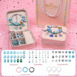 Kids DIY Beaded Bracelet Kit – Blue Edition Jewellery Making Set with Charms, Storage Box & Display Stand featuring a pink storage case and blue accessories on a pink background