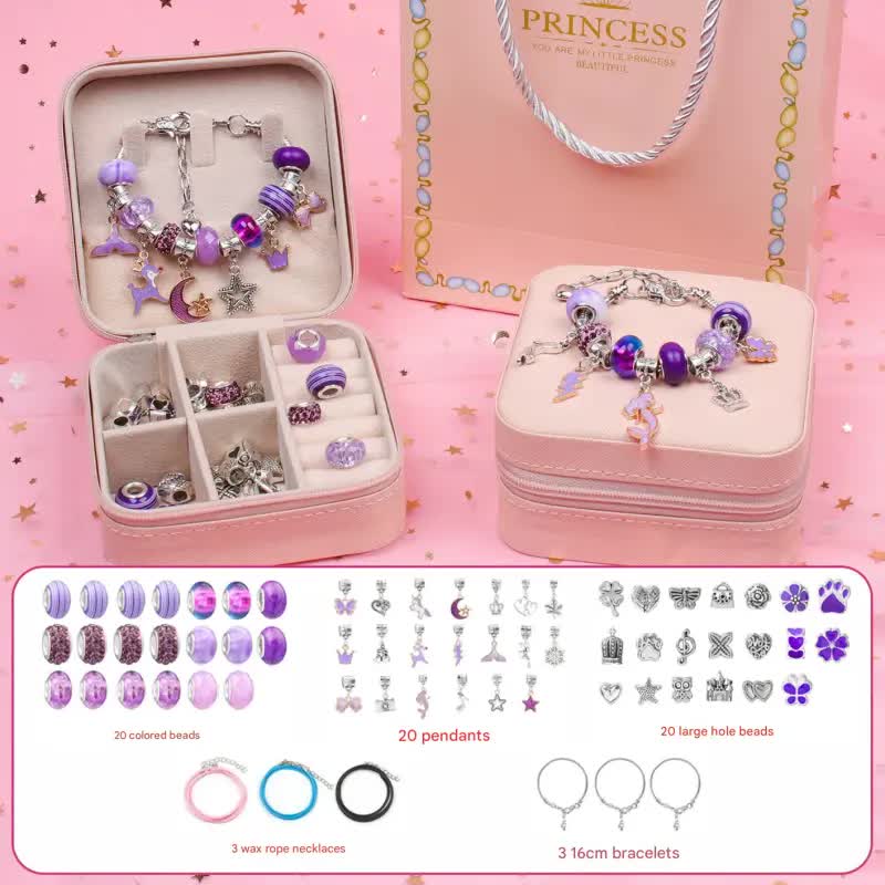 Kids DIY Beaded Bracelet Kit – Purple Edition Jewellery Making Set with Charms, Storage Box & Display Stand featuring charms and beads in a pink case on a pink background
