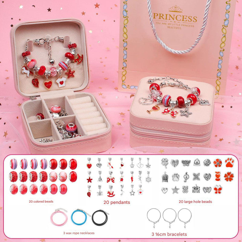 Kids DIY Beaded Bracelet Kit – Red Edition Jewellery Making Set with Charms, Storage Box & Display Stand featuring red charms and accessories on a pink background.