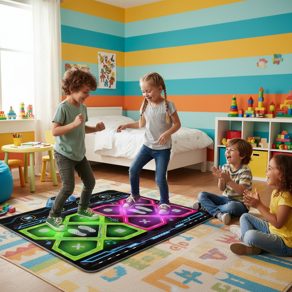 The Kids Dual Player Dance Mat – Extra-Large Electronic Music Game Pad with Lights & Rhythm Modes, featuring the dance pad with colourful LED lights, along with children dancing and laughing.