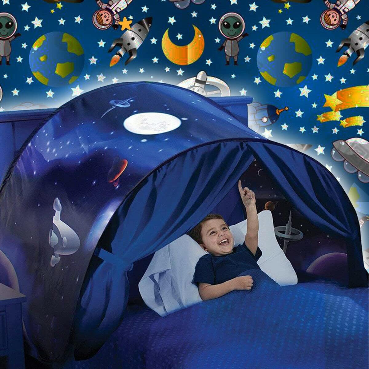 The Kids Space Bed Tent – Pop-Up Galaxy Bed Canopy for Single Beds (220cm) | Cozy Sleep & Play Tent