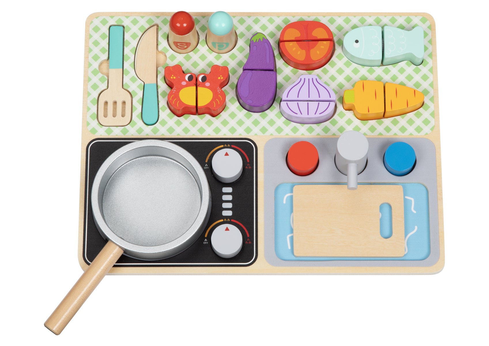 A colourful Kitchen Play Set with various wooden kitchen play utensils and food, set out on a stovetop puzzle.
