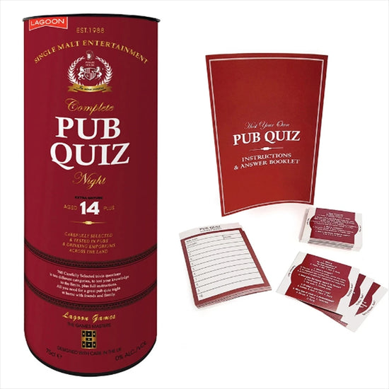 Lagoon Complete Pub Quiz Night presented in a stylish whisky-style gift tube.