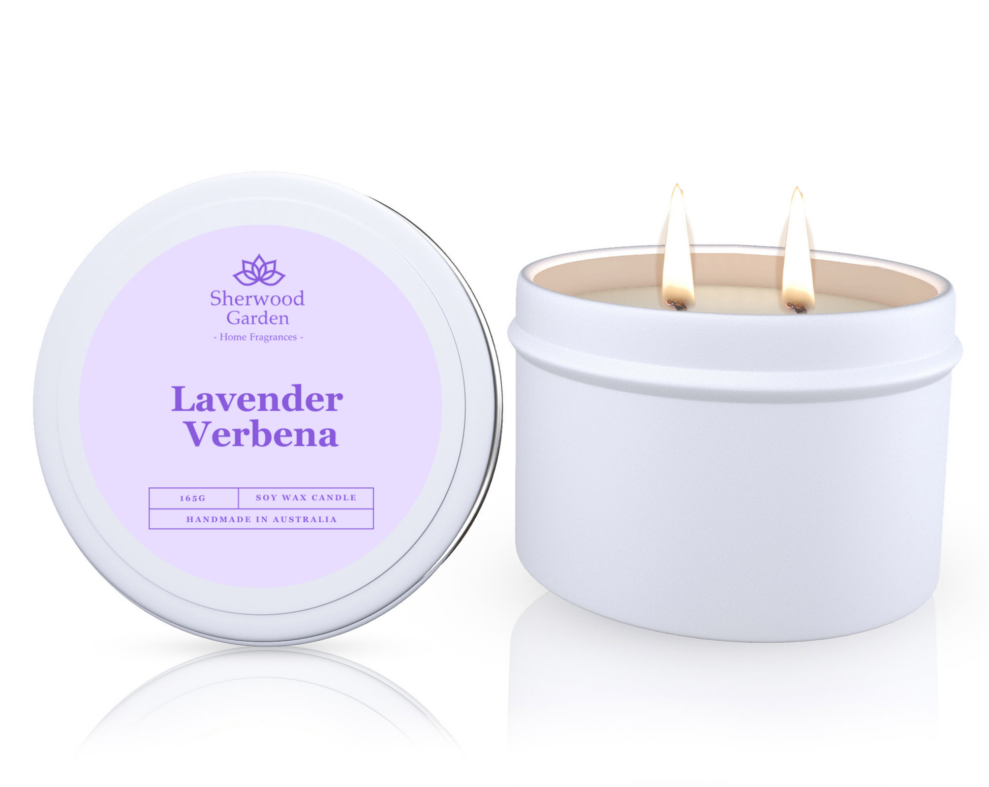 The Lavender Verbena Soy Candle Tin 165g, featuring a candle in a white tin labeled 'Lavender Verbena' by Sherwood Garden on a white background