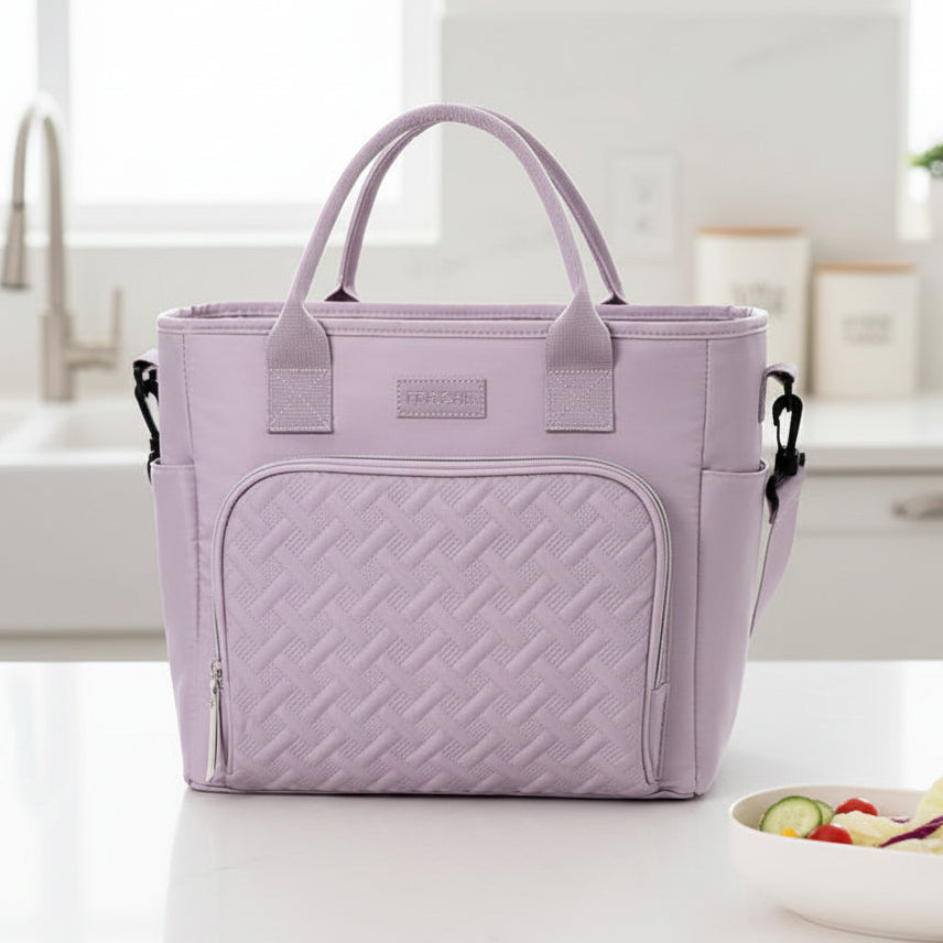 Lilac Purple quilted insulated handbag with a shoulder strap on a white table