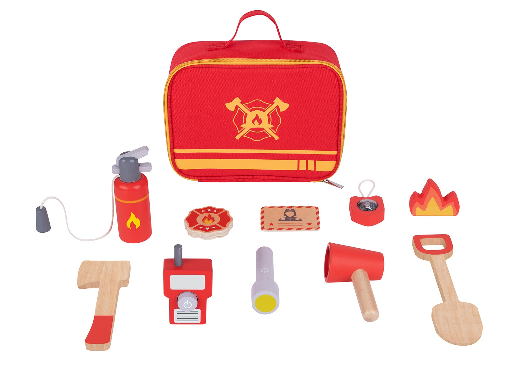 The Little Firefighter Play Set in Carry Bag, featuring wooden rescue tools that encourage imaginative storytelling and role-based exploration, with a handy zip-up bag.