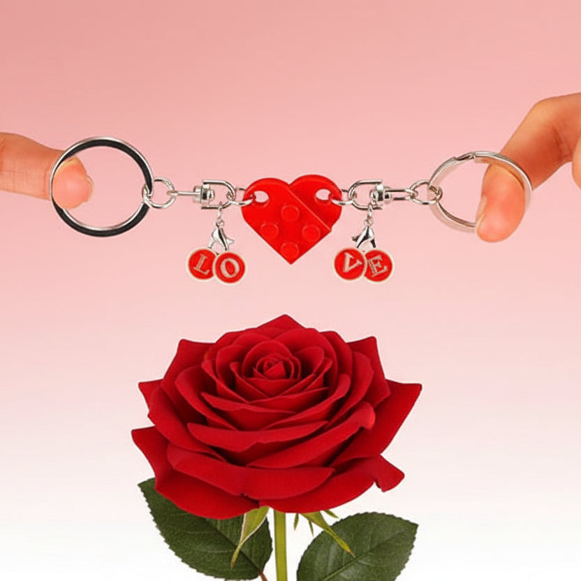 Personalised Initial Matching Heart Brick Keychain Set – Customisable Couples Gift with Interlocking Keyrings (A–Z Letters)