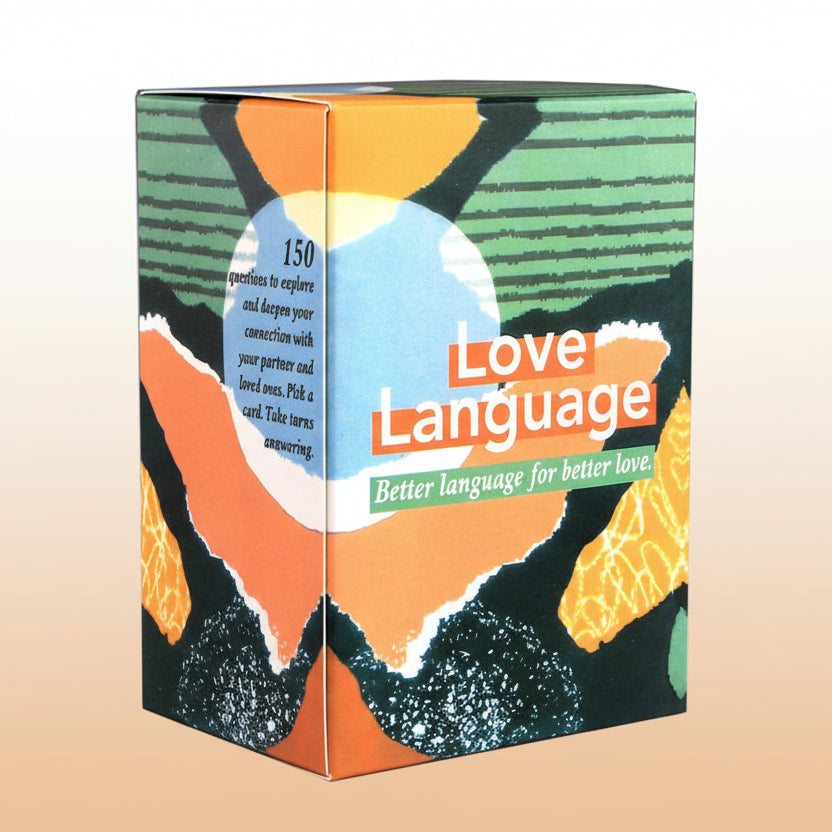 The Love Language Couples Communication Card Game – 150 Question Cards for Deeper Connection & Relationships, featuring the 'Love Language' box with a colourful design and text on a orange-white dusty background