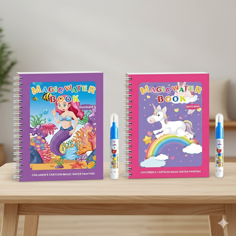 The Magic Water Colouring Books Kids 2 Pack – Reusable Mermaid & Unicorn Mess-Free Drawing Set, featuring two children's magic water books with mermaid and unicorn designs on a table.