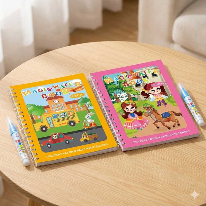 The Magic Water Colouring Books Kids 2 Pack – Reusable Traffic & Princess Mess-Free Drawing Set featuring two children's magic water books on a wooden table with markers.