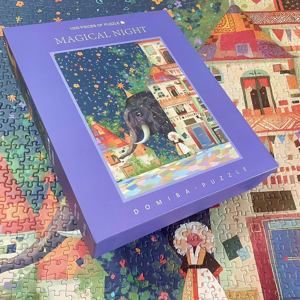 Magical Night 1000 piece premium jigsaw puzzle with an oil-painting-style artwork featuring a whimsical night sky above a city of artistic beauty