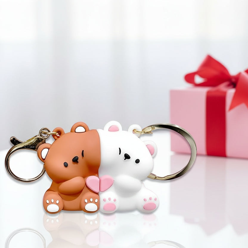 Magnetic Bear Couple Keychain Set – Cute Matching Love Heart Keyrings for Couples & Friends