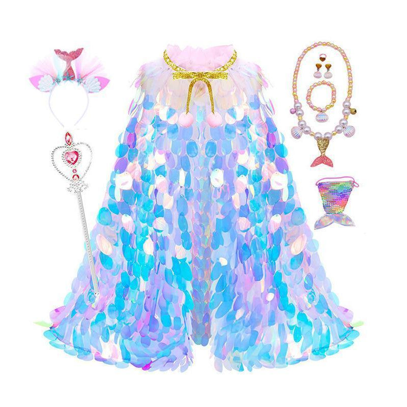 The Mermaid Princess Cape & Accessories Set for Kids – 9pc Sequin Dress-Up Costume Kit with Wand, Jewellery & Bag