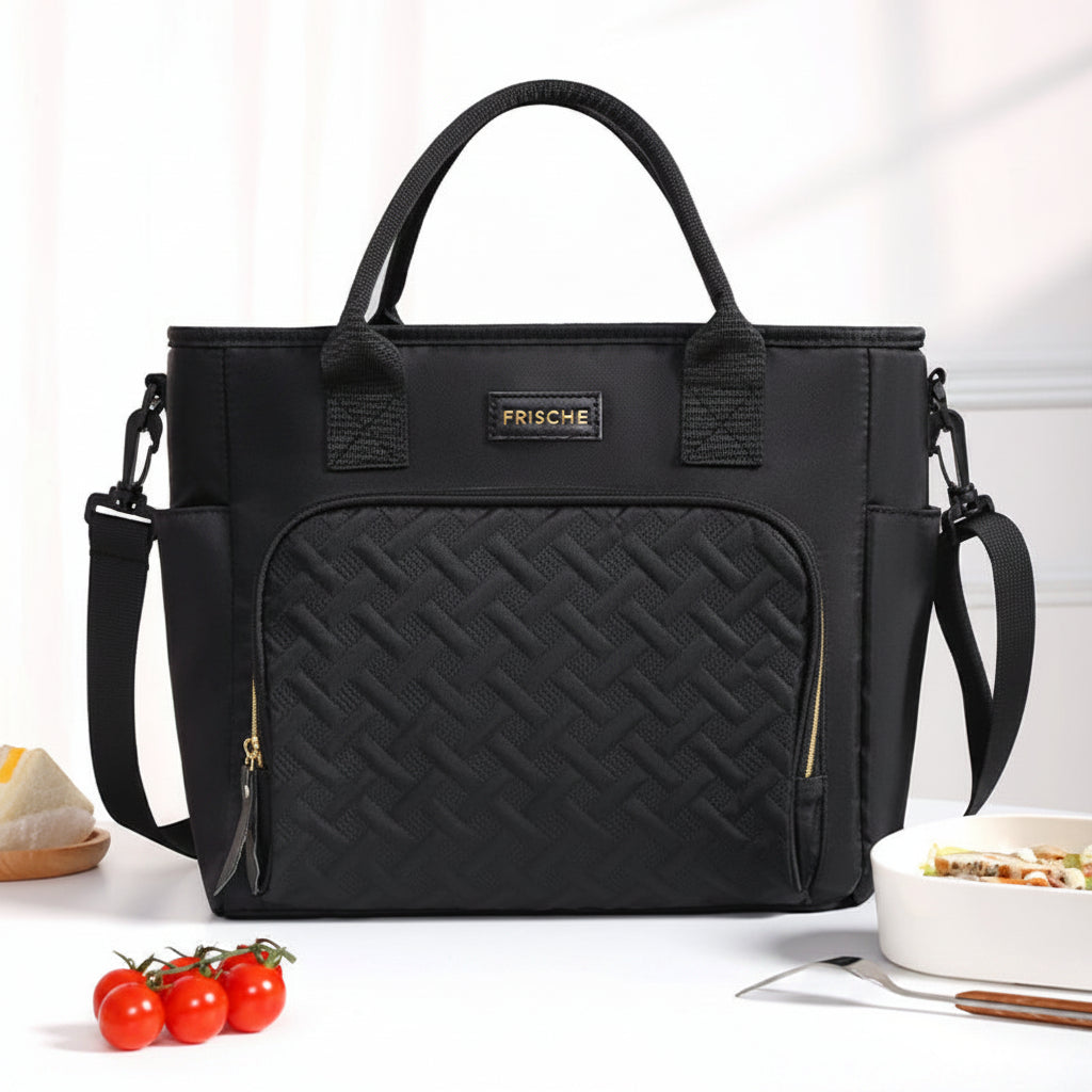 Black quilted insulated handbag with a shoulder strap on a white background