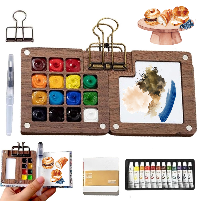 The Mini Watercolour Paint Set 15 Grid – Portable Pocket Travel Palette with Sketchbook & Brush, featuring watercolour paints, a brush, and palette on a white background.