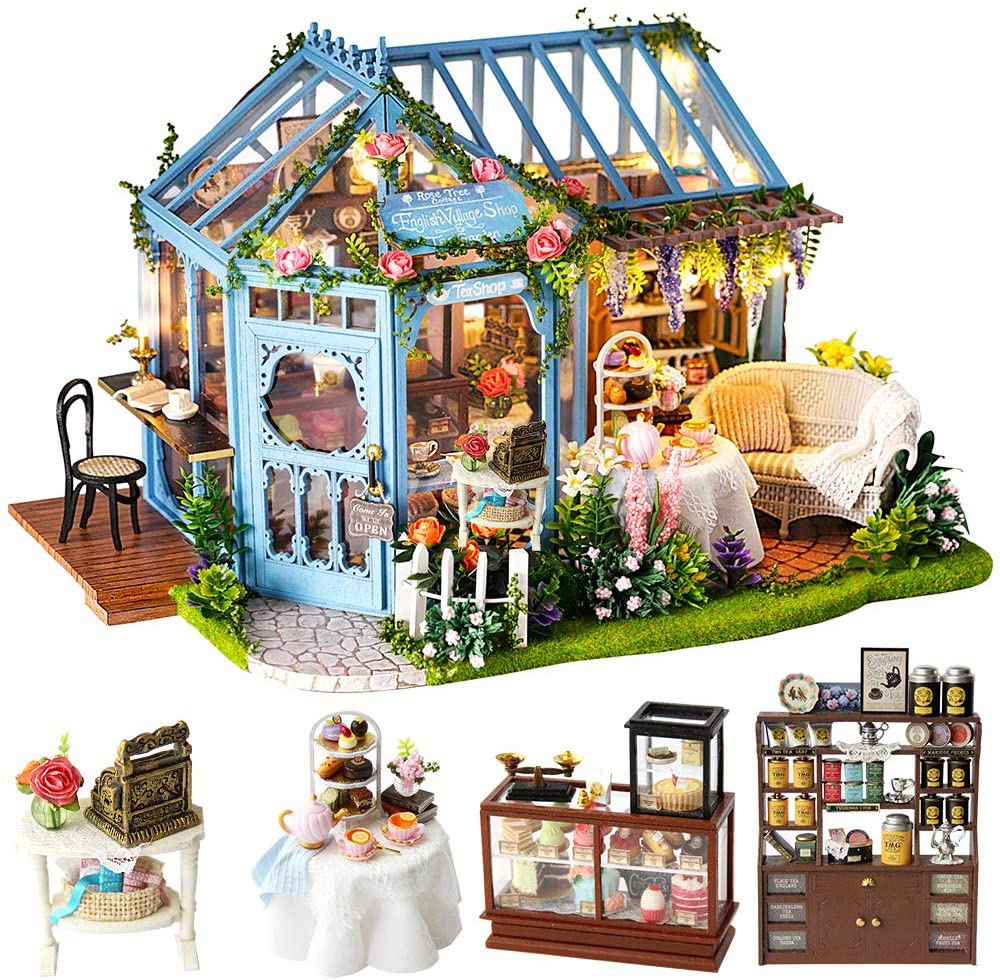 A Miniature Dollhouse with Furniture Kit plus Dust Proof and Music Movement - Rose Garden Tea House in blue with various furniture pieces and complete with led lights.
