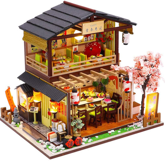 A completed Miniature Dollhouse with Furniture Kit plus Dust Proof and Music Movement - Sushi Restaurant, with detailed furniture and decorations, including LED lights.
