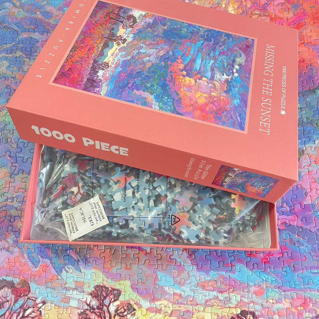 Missing the Sunset 1000 piece premium jigsaw puzzle with a oil-painting-style artwork featuring a pastel sunset over the outback 