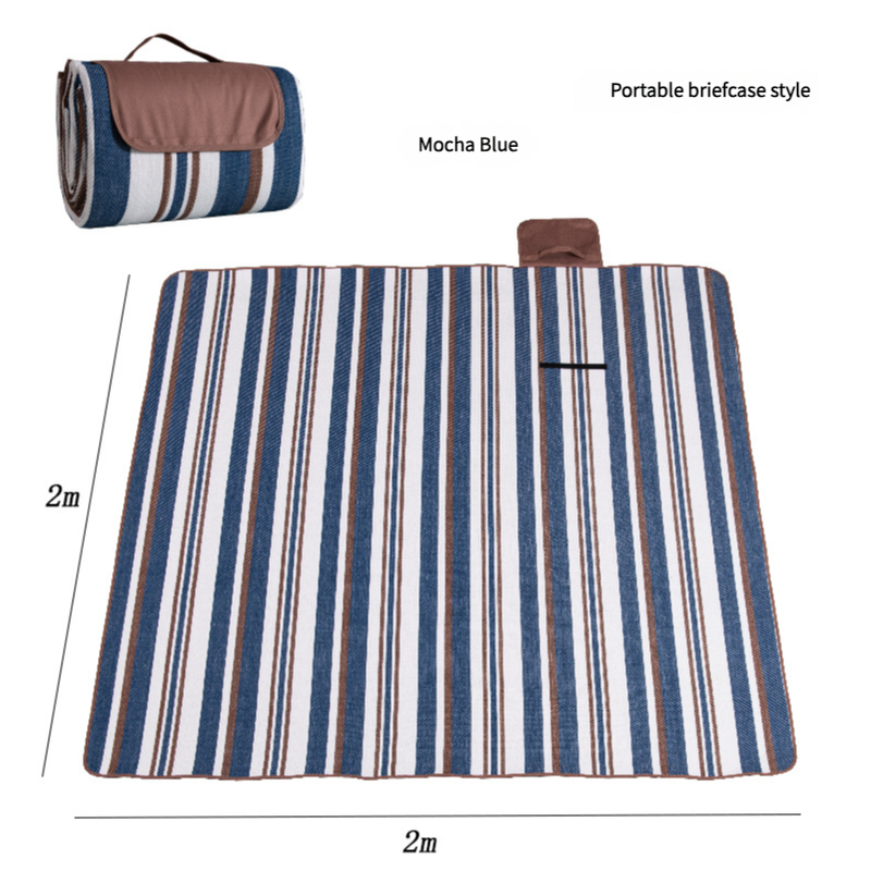 Striped mocha blue picnic blanket with dimensions and packaging details on a white background