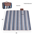 Striped mocha blue picnic blanket with dimensions and packaging details on a white background