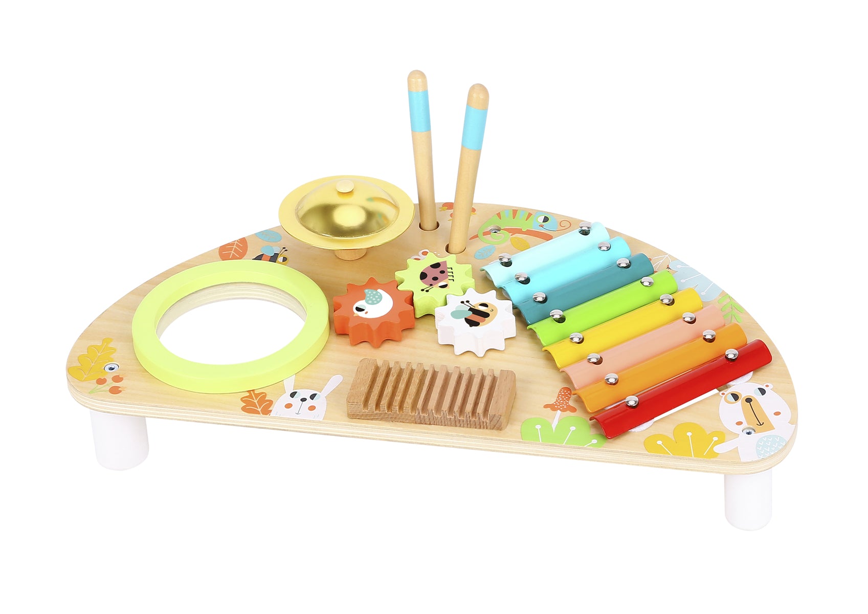 The Multifunctional Music Percussion Tabletop with various instruments and sound makers, including a glockenspiel, high-hat, drum, ratchet, and cogs, accompanied by two drumsticks. The tabletop is designed for children and features child-friendly graphics.